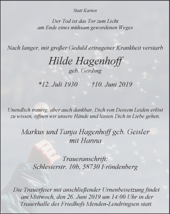 Traueranzeige von Hilde Hagenhoff von Stadtspiegel Menden + Froendenberg