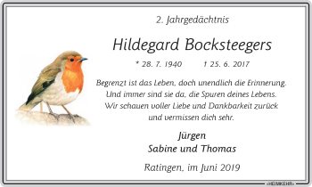 Traueranzeige von Hildegard Bocksteegers von WVW Anzeigenblätter