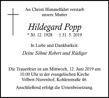 Traueranzeige von Hildegard Fopp von Stadtanzeiger Velbert + Heiligenhaus