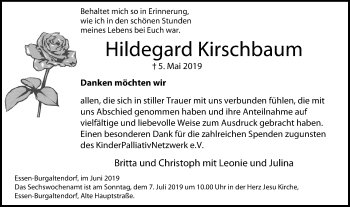 Traueranzeige von Hildegard Kirschbaum von Stadtspiegel Hattingen/Niedersprockhövel