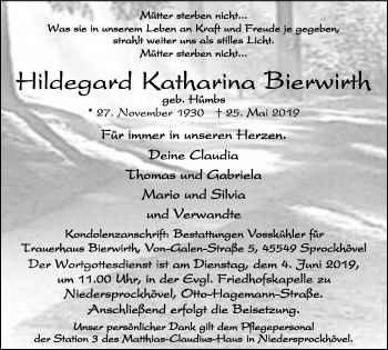 Traueranzeige von Hildegard Katharina Bierwirth von Stadtspiegel Hattingen/Niedersprockhövel