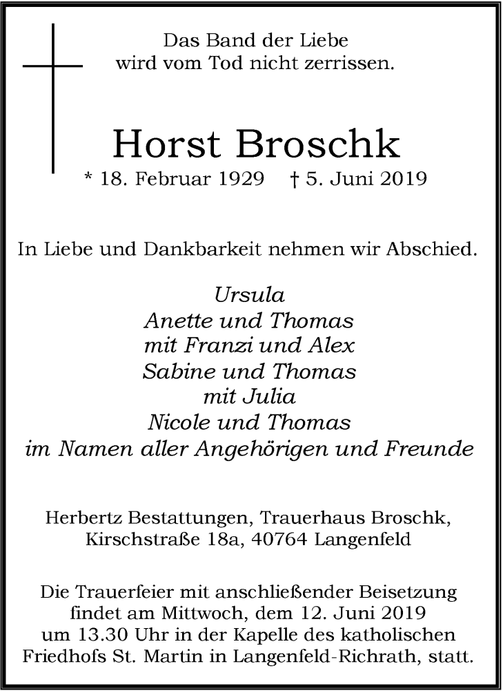  Traueranzeige für Horst Broschk vom 08.06.2019 aus Wochen-Anzeiger Langenfeld/Monheim/Hilden