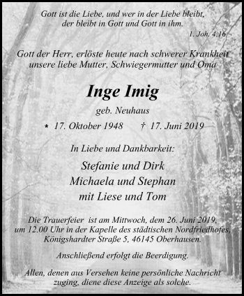 Traueranzeige von Inge Imig von Wochen-Anzeiger Oberhausen