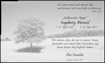 Traueranzeige von Ingeborg Menzel von Lüner Anzeiger
