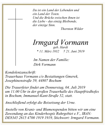 Traueranzeige von Irmgard Vormann von Stadtspiegel Bochum