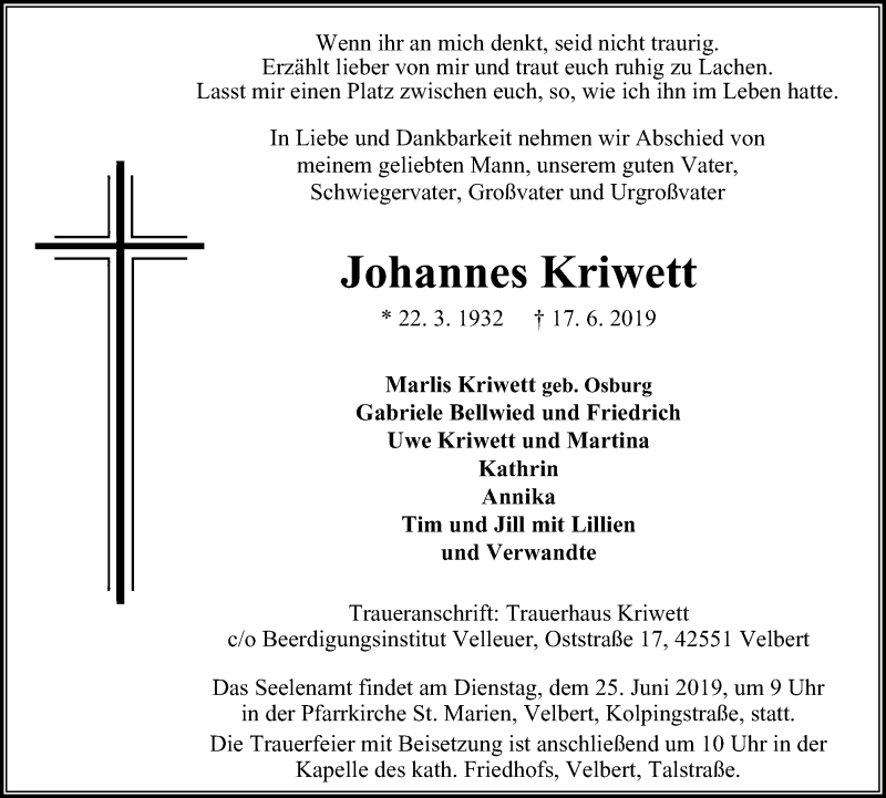  Traueranzeige für Johannes Kriwett vom 22.06.2019 aus Stadtanzeiger Velbert + Heiligenhaus