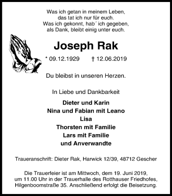 Traueranzeige von Joseph Rak von Stadtspiegel Gelsenkirchen