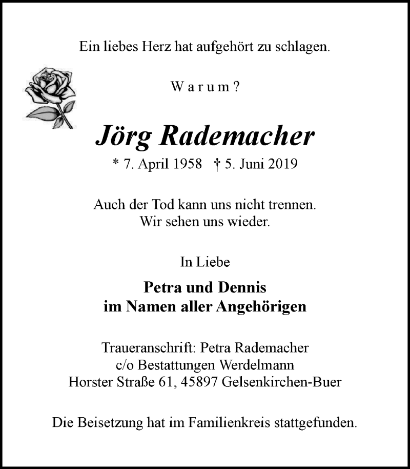  Traueranzeige für Jörg Rademacher vom 15.06.2019 aus Stadtspiegel Gladbeck