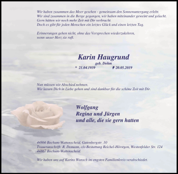 Traueranzeige von Karin Haugrund von Stadtspiegel Wattenscheid