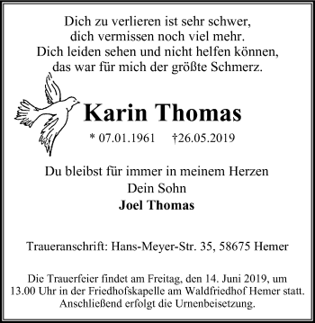 Traueranzeige von Karin Thomas von Stadtspiegel Iserlohn + Hemer