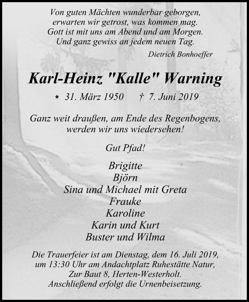  Traueranzeige für Karl-Heinz Kalle Warning vom 22.06.2019 aus Wochen-Anzeiger Oberhausen