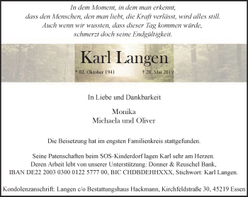 Traueranzeige von Karl Langen von Kettwig Kurier