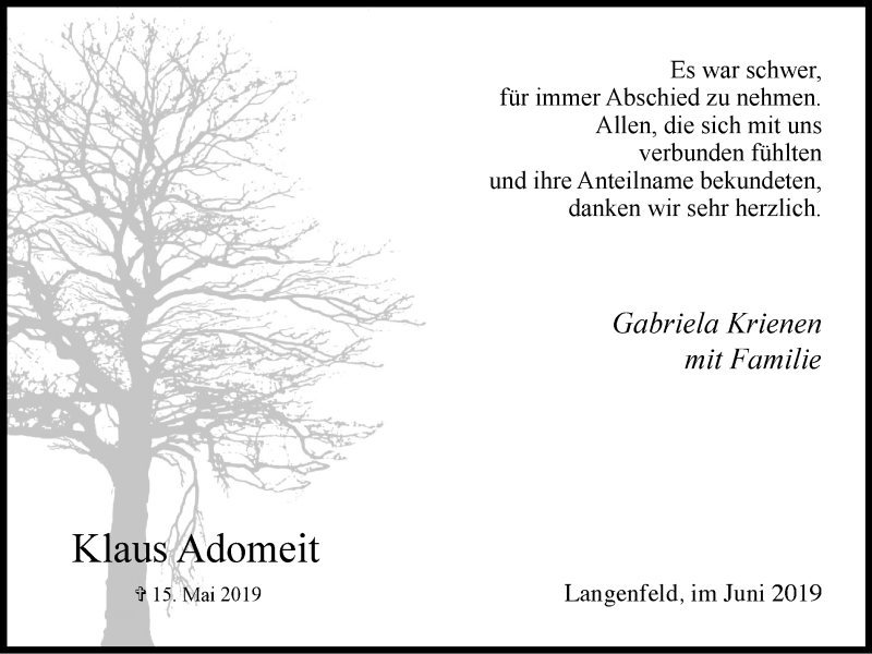  Traueranzeige für Klaus Adomeit vom 22.06.2019 aus Wochen-Anzeiger Langenfeld/Monheim/Hilden