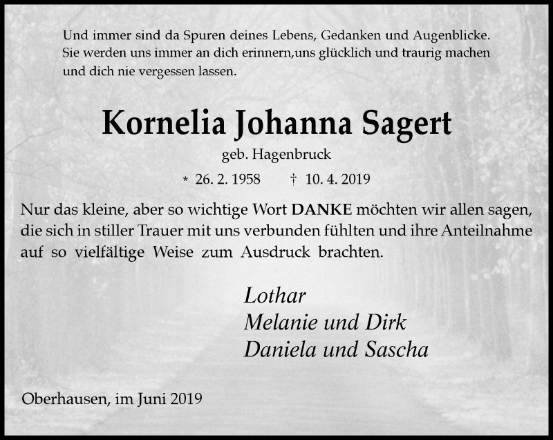  Traueranzeige für Kornelia Johanna Sagert vom 01.06.2019 aus Wochen-Anzeiger Oberhausen