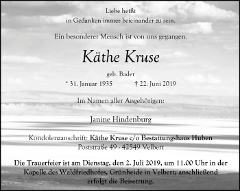 Traueranzeige von Käthe Kruse von Stadtanzeiger Velbert + Heiligenhaus