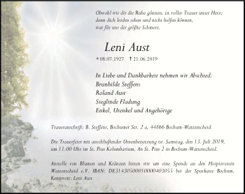 Traueranzeige von Leni Aust von Stadtspiegel Wattenscheid