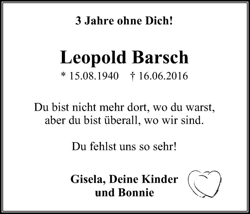  Traueranzeige für Leopold Barsch vom 15.06.2019 aus Wochen-Anzeiger Langenfeld/Monheim/Hilden