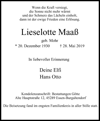 Traueranzeige von Lieselotte Maaß von Ruhr Kurier
