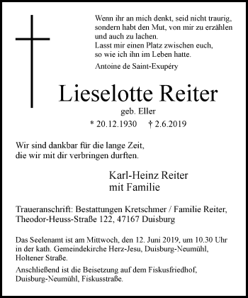 Traueranzeige von Lieselotte Reiter von Wochen-Anzeiger Duisburg