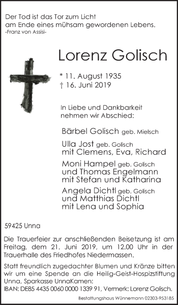 Traueranzeige von Lorenz Golisch von Stadtspiegel Kamen + Unna
