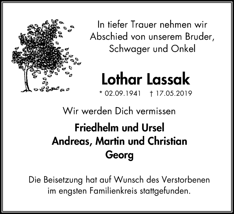  Traueranzeige für Lothar Lassak vom 01.06.2019 aus Stadtspiegel Bottrop