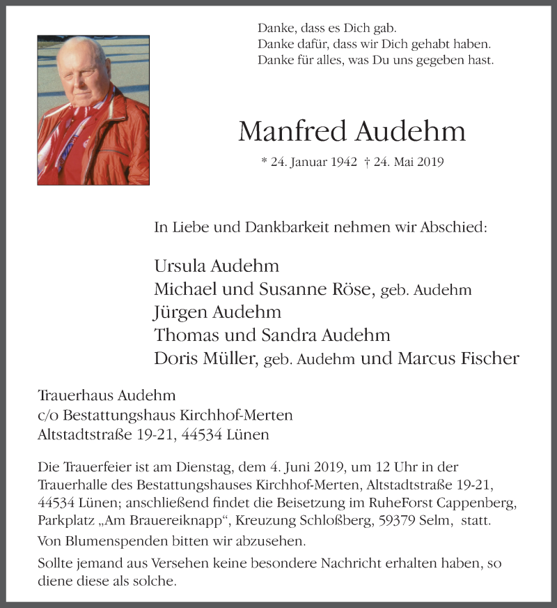  Traueranzeige für Manfred Audehm vom 01.06.2019 aus Lüner Anzeiger