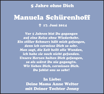 Traueranzeige von Manuela Schürenhoff von Ruhr Kurier