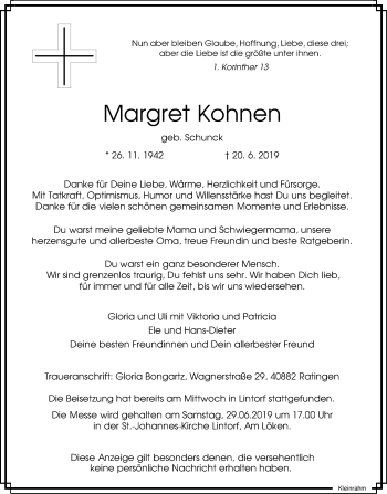 Traueranzeige von Margret Kohnen von WVW Anzeigenblätter