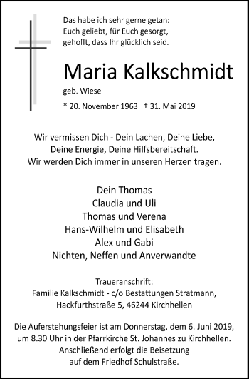 Traueranzeige von Maria Kalkschmidt von Stadtspiegel Bottrop