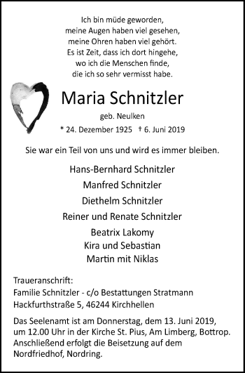 Traueranzeige von Maria Schnitzler von Stadtspiegel Bottrop