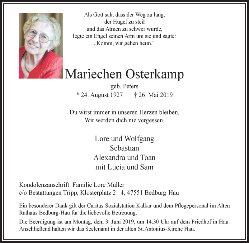  Traueranzeige für Mariechen Osterkamp vom 01.06.2019 aus Klever Wochenblatt