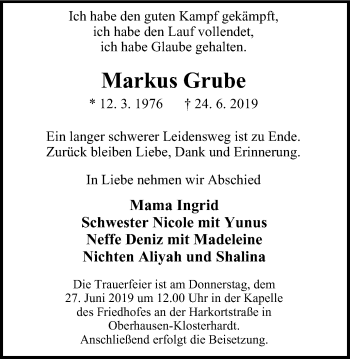 Traueranzeige von Markus Grube von Wochen-Anzeiger Oberhausen