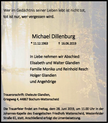 Traueranzeige von Michael Dillenburg von Stadtspiegel Wattenscheid