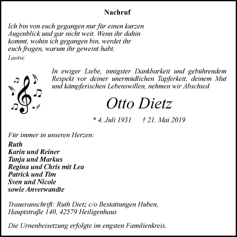  Traueranzeige für Otto Dietz vom 08.06.2019 aus Stadtanzeiger Velbert + Heiligenhaus