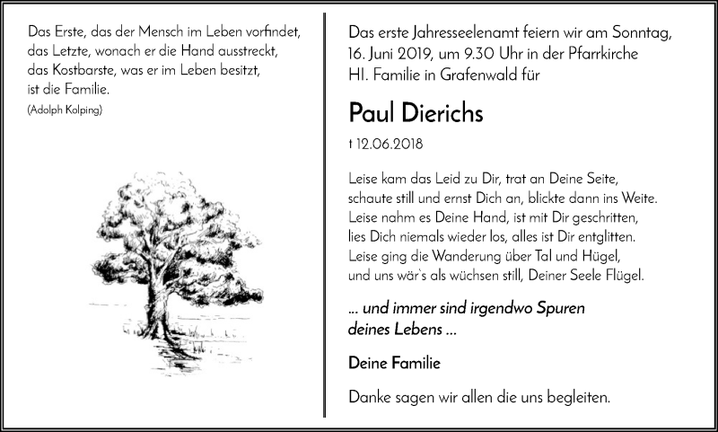  Traueranzeige für Paul Dierichs vom 12.06.2019 aus Stadtspiegel Bottrop