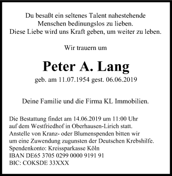 Traueranzeige von Peter A. Lang von Wochen-Anzeiger Oberhausen