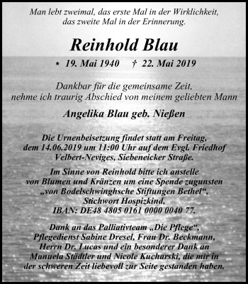 Traueranzeige von Reinhold Blau von Stadtanzeiger Velbert + Heiligenhaus
