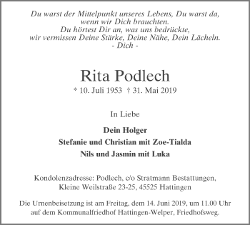 Traueranzeige von Rita Podlech von Stadtspiegel Hattingen/Niedersprockhövel