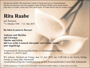 Traueranzeige von Rita Raabe von Lüner Anzeiger