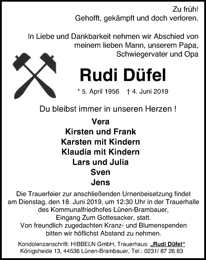  Traueranzeige für Rudi Düfel vom 12.06.2019 aus Lüner Anzeiger