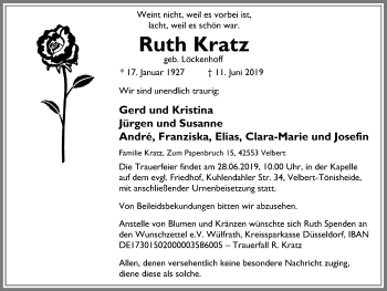 Traueranzeige von Ruth Kratz von Stadtanzeiger Velbert + Heiligenhaus