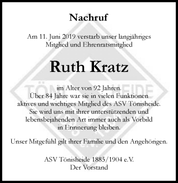 Traueranzeige von Ruth Kratz von Stadtanzeiger Velbert + Heiligenhaus