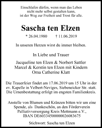 Traueranzeige von Sascha ten Elzen von Stadtanzeiger Velbert + Heiligenhaus