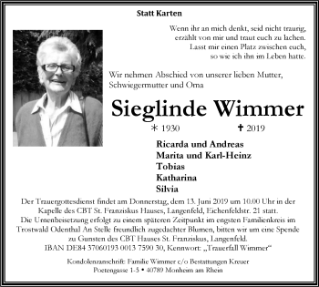 Traueranzeige von Sieglinde Wimmer von Wochen-Anzeiger Langenfeld/Monheim/Hilden