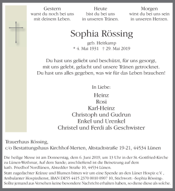 Traueranzeige von Sophia Rössing von Lüner Anzeiger