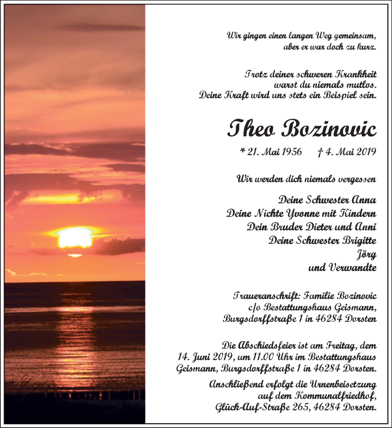  Traueranzeige für Theo Bozinovic vom 05.06.2019 aus Stadtspiegel Haltern + Dorsten