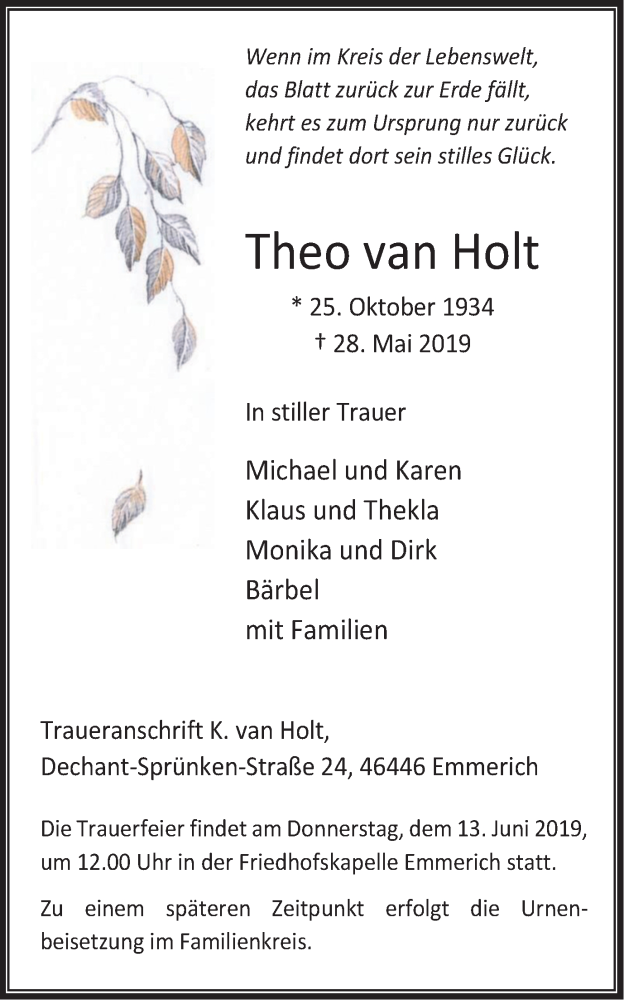 Traueranzeigen von Theo van Holt | Trauer-in-NRW.de