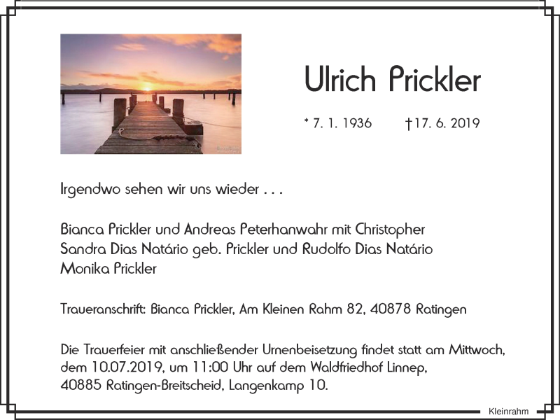  Traueranzeige für Ulrich Prickler vom 27.06.2019 aus WVW Anzeigenblätter