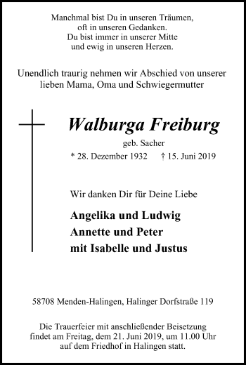 Traueranzeige von Walburga Freiburg von Stadtspiegel Menden + Froendenberg