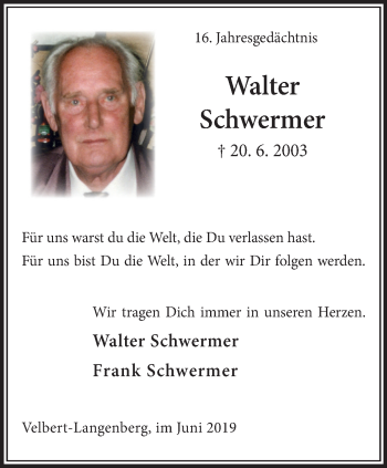 Traueranzeige von Walter Schwermer von Stadtanzeiger Velbert + Heiligenhaus